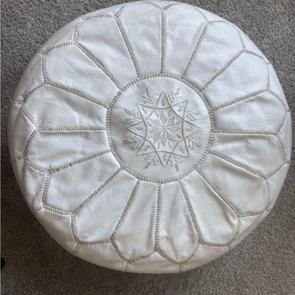 White Leather Round Pouf Ottoman